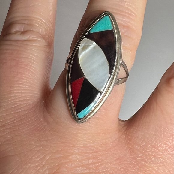 Vintage Sterling Silver 925 Eye Ring, Inlay of Turquoise, Coral, MOP